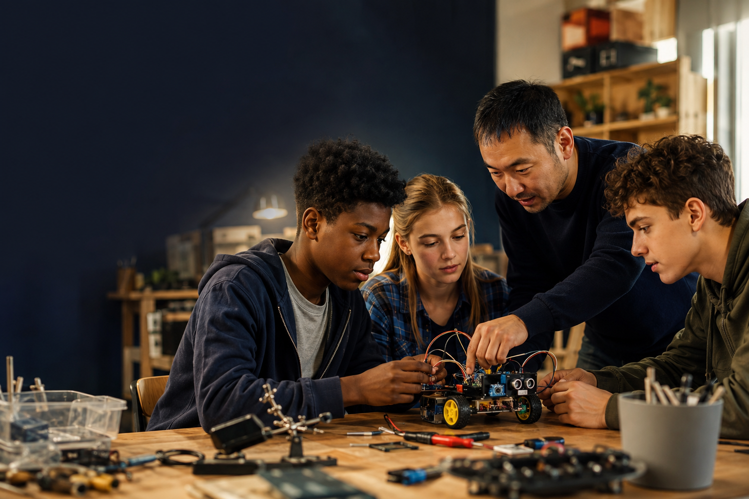 Students building an educational robot in a maker lab